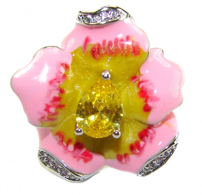 Art Deco Pink Flower Enamel 2.5 carat Citrine .925 Sterling Silver handmade Ring size 6 - Close-up of Art Deco pink flower enamel ring with citrine stone.