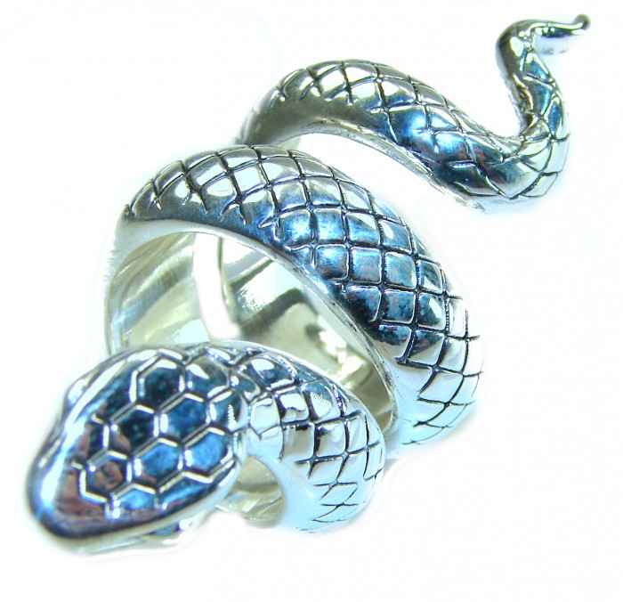 Large Boa Snake .925 Sterling Silver handcrafted Statement SPINAL Ring size 6 - Silver boa snake ring, side view, intricate scale detail.