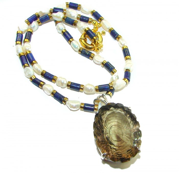 Truly Outstanding LARGE carved Smoky Topaz 14k Gold over .925 Sterling Silver handcrafted Statement necklace - Necklace with smoky topaz pendant and pearl detail, angled view.