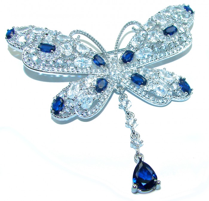 Vintage Design - Blue Butterfly - Genuine 10.2 carat Sapphire 14k White Gold over .925 Sterling Silver handmade Pendant Brooch - Vintage design blue butterfly gemstone brooch, top view.