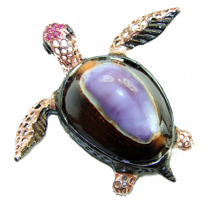 Good health and Long life Big Turtle Genuine Ocean Shell Ruby 14K Gold over .925 Sterling Silver handcrafted Pendant brooch - Top view of turtle-shaped jewelry with purple stone shell.