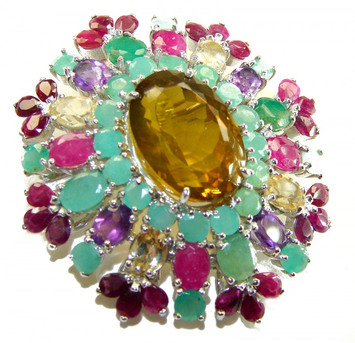 Luxury genuine 48.5 CARAT Champagne Topaz .925 Sterling Silver handmade Pendant Brooch - Close-up of multicolored gemstone brooch with champagne topaz centerpiece