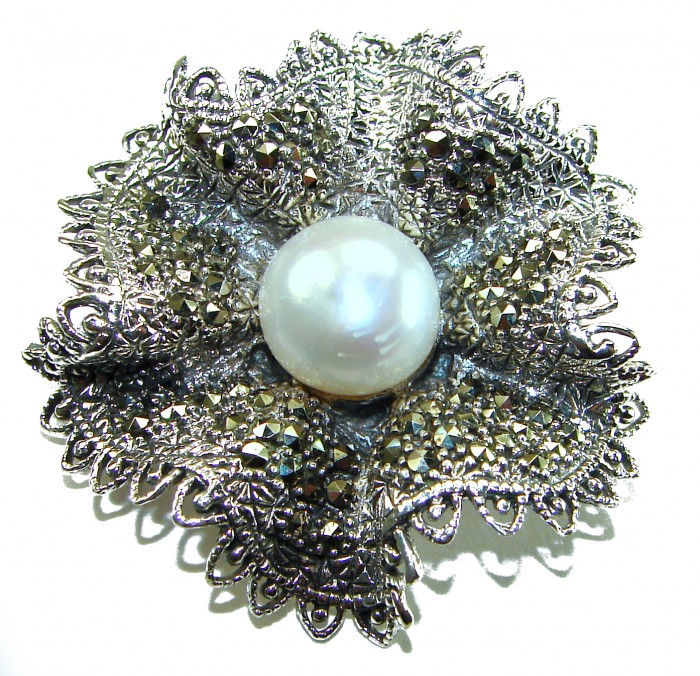 Genuine white Pearl Marcasite .925 Sterling Silver handcrafted Brooch - Close-up of pearl and marcasite sterling silver brooch.