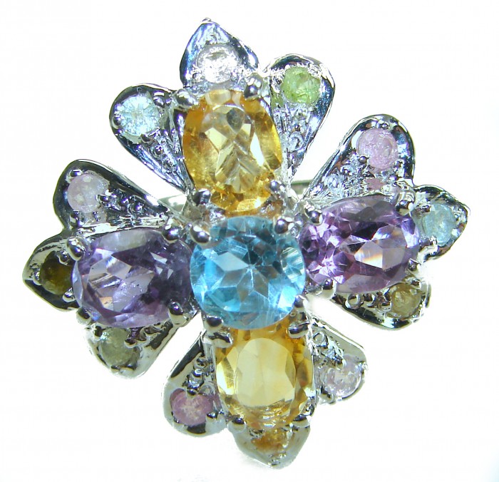 Celtic Spirit authentic fancy cut 15.5 carat Swiss Blue Topaz rhodium over .925 Sterling Silver handcrafted Statement Ring s. 7 - Close-up of Celtic Spirit ring with Swiss Blue Topaz and mixed gemstones