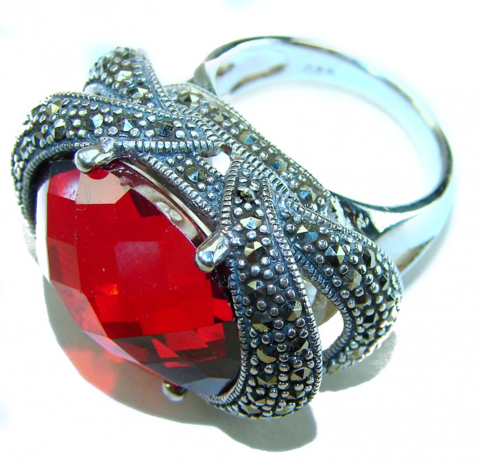 Bella Rosa Natural 28.4 carat Ruby Marcasite .925 Sterling Silver handmade Large Statement Ring size 7 - Close-up of a Bella Rosa 28.4 carat Ruby ring with marcasite details
