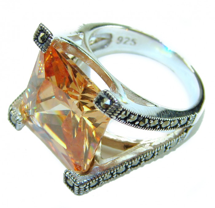 Pure Celestial energy Natural 14.4 carat Golden Topaz Marcasite .925 Sterling Silver handmade Large Statement Ring size 8 - Side view of 14.4 carat golden topaz ring with marcasite accents