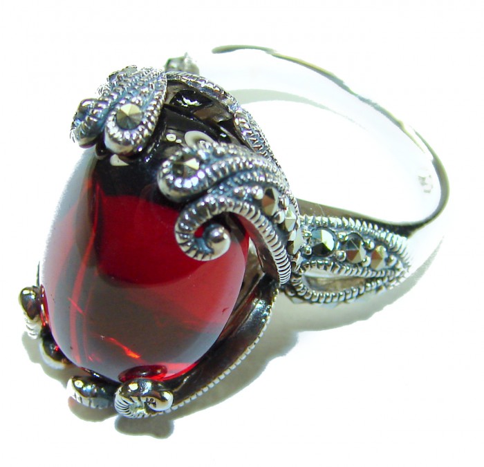 Crimson Fire Natural 28.8 carat Garnet Marcasite .925 Sterling Silver handmade Large Statement Ring size 7 - Close-up of crimson garnet ring with ornate marcasite detailing