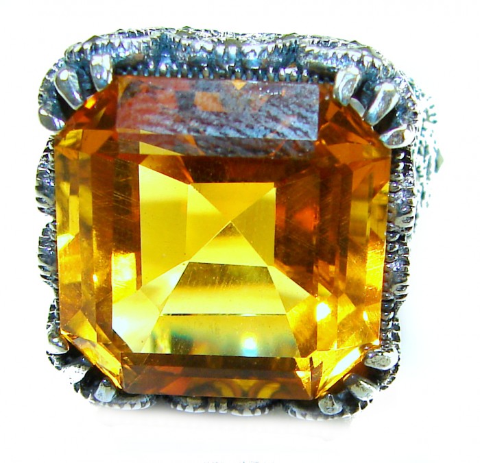 Pure Celestial energy Natural 28.4 carat Golden Topaz Marcasite .925 Sterling Silver handmade Large Statement Ring size 8 1/4 - Close-up of 28.4 carat golden topaz ring from above.