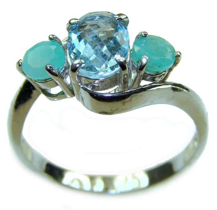 Emily 3.8 carat Swiss Aquamarine Emerald .925 Sterling Silver handmade Statement Ring size 8 - Side view of Emily 3.8 carat Swiss Aquamarine Emerald ring in sterling silver.