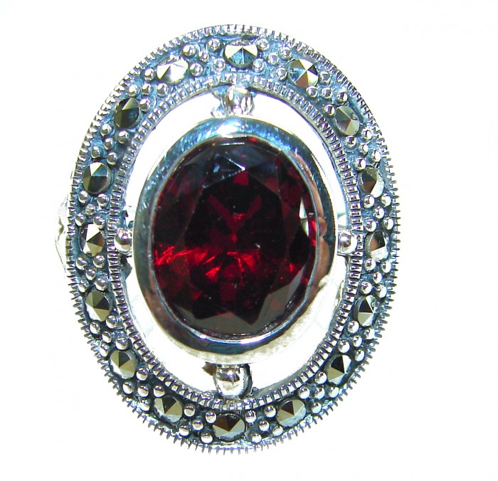 Carmen Natural 10.4 carat Ruby Marcasite .925 Sterling Silver handmade Large Statement Ring size 8 - Close-up of Carmen 10.4 carat ruby ring with marcasite in sterling silver