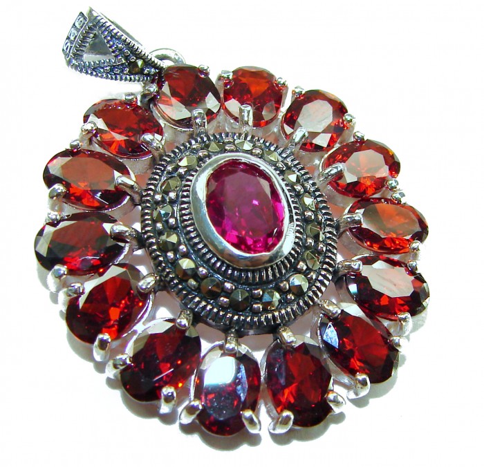 Circle of Life 15.2 carat authentic Ruby Marcasite .925 Sterling Silver handmade Pendant - Close-up of Circle of Life pendant with rubies and marcasite stones.