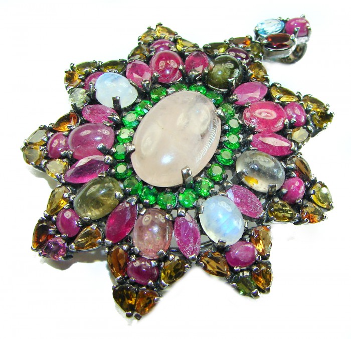 Vintage style Beauty genuine Rose Quartz Brazilian Tourmaline .925 Sterling Silver dipped in black rhodum handmade Pendant - Brooch - Close-up of vintage style gem-encrusted brooch with rose quartz centerpiece.