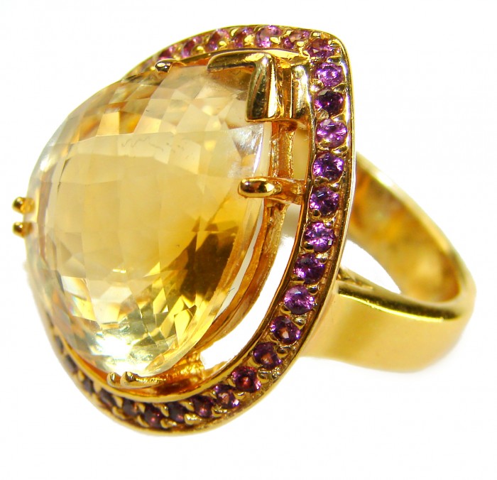 Vivien - Natural 25.8 carat pear cut BRAZILIAN Citrine .925 Sterling Silver dipped in 22K Gold handmade Statement Ring size 7 1/4 - Close-up of Vivien ring with Brazilian citrine and purple gemstone halo.