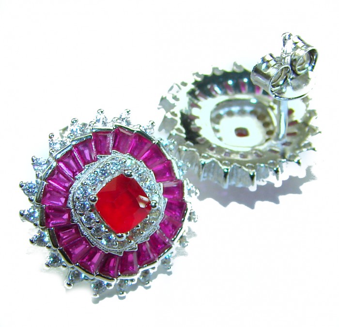 Art Deco - Bella Rosa Genuine 5.8 carat Ruby .925 Sterling Silver dipped in rhodium Statement brilliantly handcrafted earrings - Ruby earrings front view with detailed stone and setting.