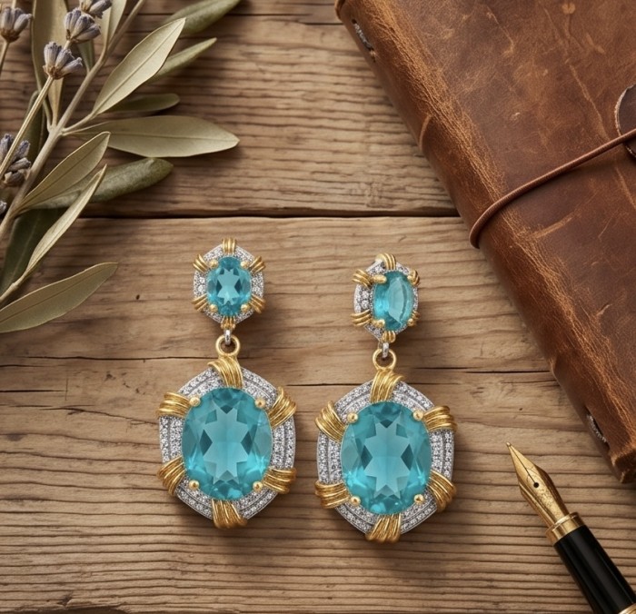 Eau Pure 10.5 carat AQUAMARINE 14K Gold over .925 Sterling Silver Handcrafted Earrings - Earrings with aquamarine stones and gold detail, top view on table.