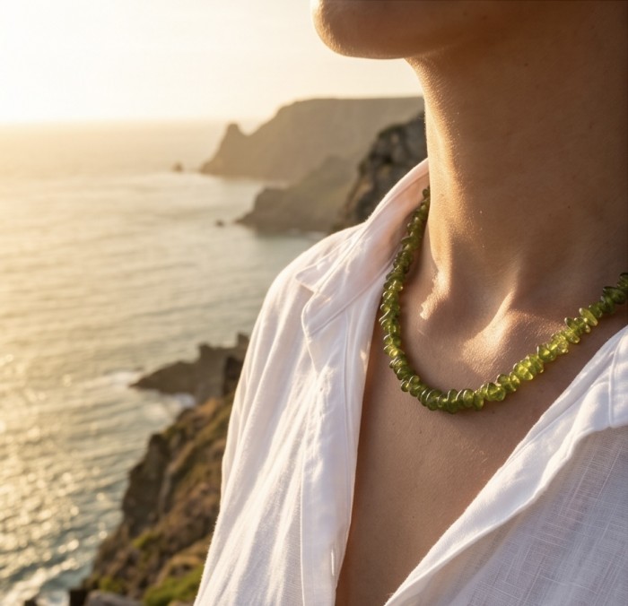 Melissa - Great Masterpiece 45.7 carat genuine Brazilian Peridot .925 Sterling Silver handmade Statement necklace - Necklace worn near ocean at sunset; focus on stones.