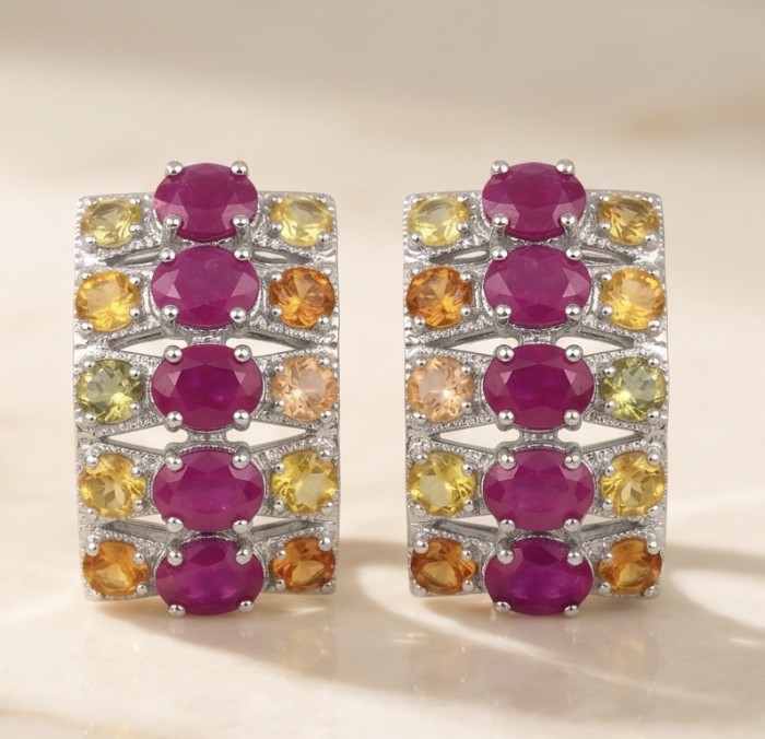 Valentina 18.2 carat Mozambique Ruby multicolor Sapphire .925 Sterling Silver dipped in rhodium Statement handcrafted earrings - Front view of Valentina 18.2 carat Ruby multicolor Sapphire earrings