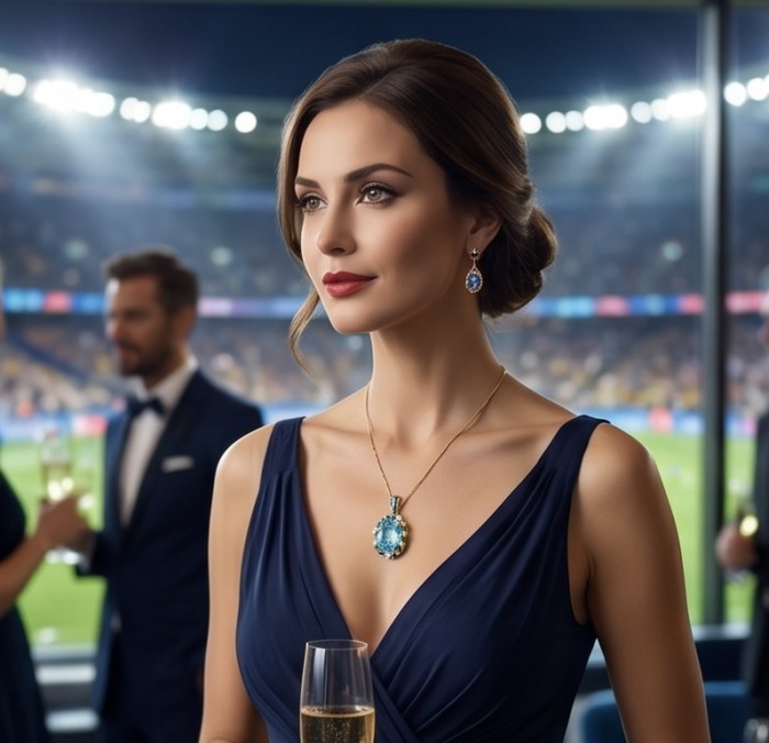 Atlantica - amazing quality heart cut 22.5 CARAT genuine Swiss Blue Topaz enamel 22K Gold over .925 Sterling Silver handmade pendant - Elegant woman wearing Atlantica necklace, side view at an event.
