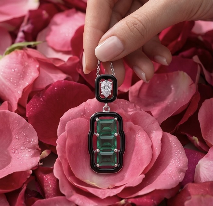 Art Deco 9.5 carat Emerald black enamel .925 Sterling Silver handmade Pendant - Emerald pendant held above pink rose petals, close-up view