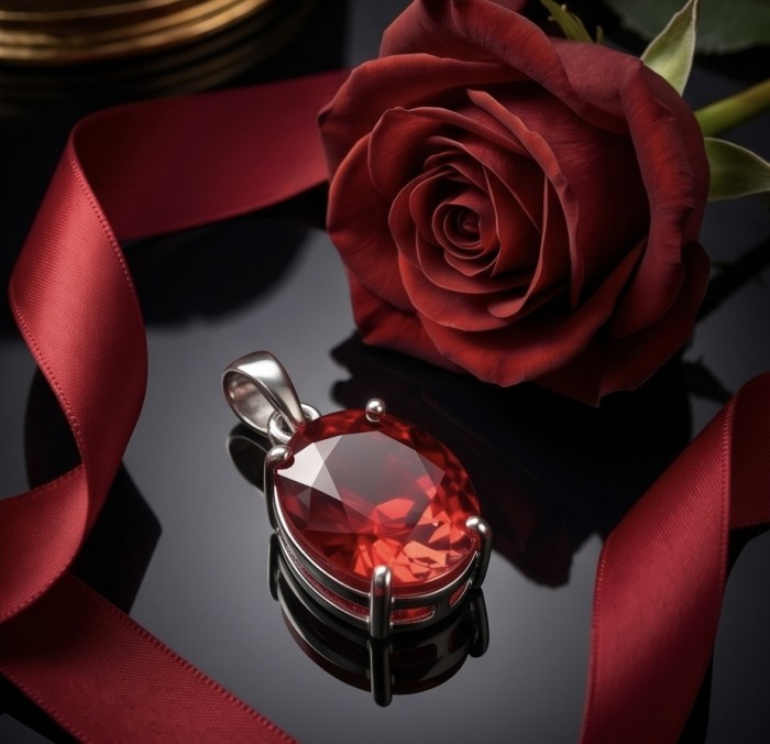 Authentic 8.5 CARAT Kasmir Ruby .925 Sterling Silver handcrafted Pendant - Ruby pendant with rose and ribbon on reflective surface.