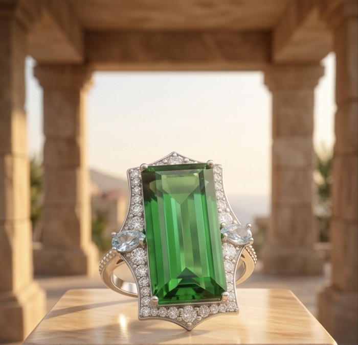 RARE FINDING! Authentic 28.9 carat volcanic Green Helenite .925 Sterling Silver HUGE ring s. 7 - Close-up of a large green Helenit ring with diamond accents.