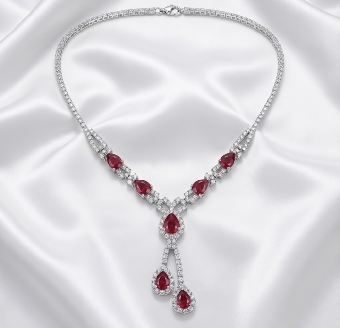 Royalty 12.2 carat Ruby .925 Sterling Silver .925 Sterling Silver Statement Necklace - Ruby and diamond necklace on white satin, top view