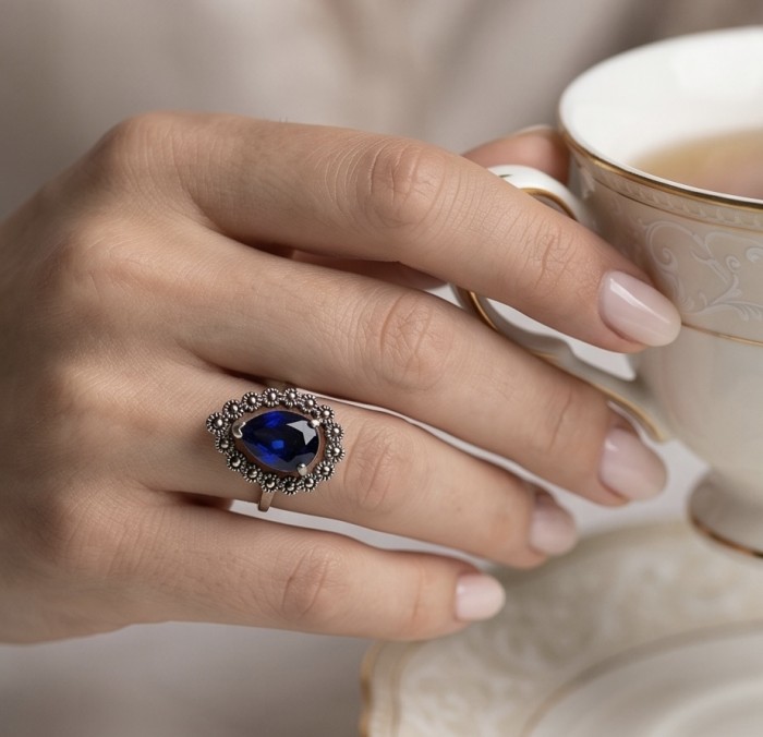 Julietta 12.8 carat London Blue Topaz Marcasite .925 Sterling Silver handmade Statement Ring size 7 1/4 - Worn on hand, Julietta 12.8ct London Blue Topaz Marcasite ring close-up.