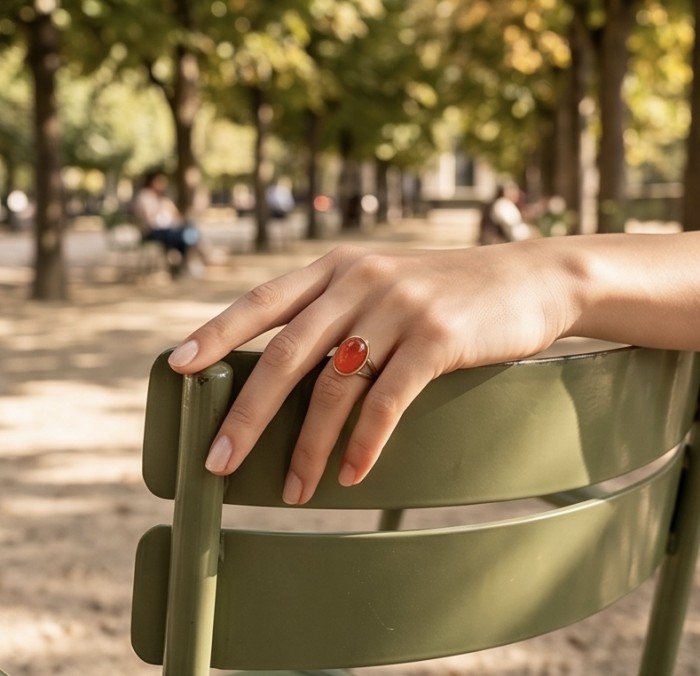 Queen of Fire best quality 11.4 carat Mexican Opal .925 Sterling Silver dipped in 18K Gold handmade ring 7 1/4 - Mexican opal ring worn on hand in park setting