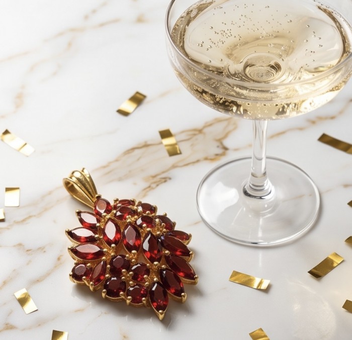 Marvelous Natural 20.8 carat Mozambique Garnet 22K Gold over .925 Sterling Silver Handcrafted pendant - Pendant with garnets and champagne glass on marble surface, top view.