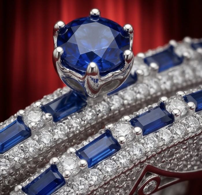 Extravaganza Large 5.6 carat Sapphire .925 Sterling Silver brilliantly handcrafted stack up ring s. 7 - Close-up of 5.6 carat sapphire ring in sterling silver with diamonds.
