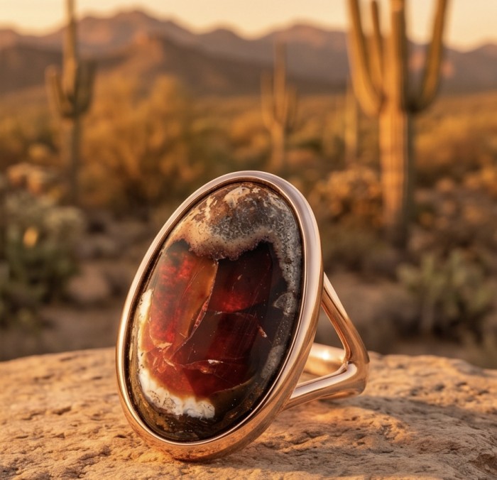 Bonfire Night best quality 27.4 carat Mexican Opal 18K Gold over .925 Sterling Silver handmade ring 7 1/4 - Mexican Opal 18K Gold ring close-up with desert backdrop