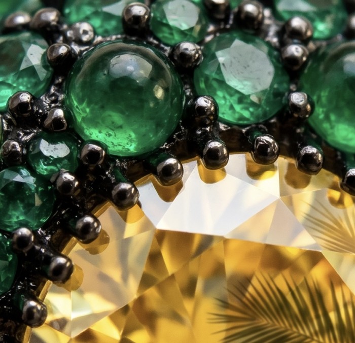 Isabel 18.8 carat Genuine Lemon Quartz Chroem Diopside .925 Sterling Silver handcrafted ring size 7 1/4 - Close-up of lemon quartz and green chrome diopside gemstones