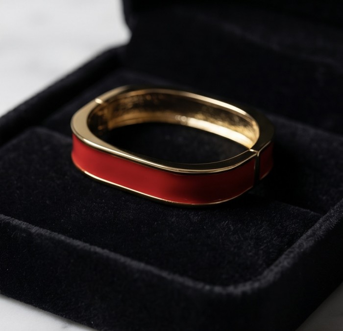 Lovely Red Enamel Vintage style Luxurious Golden Hinge Bangle Bracelet - photo 2