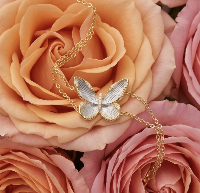 Golden Butterfly White Topaz highly polished 18K Gold over .925 Sterling Silver Italy made bracelet - Butterfly necklace on roses, top view, 18K gold with white topaz accents