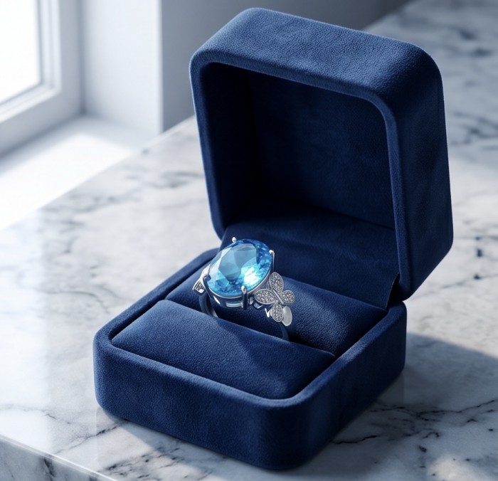 Paris Sky Blue 14.8 carat Swiss Blue Topaz .925 Sterling Silver dipped in rhodium handcrafted ring size 7 3/4 - Blue topaz ring in open box, stone close-up, on marble surface.