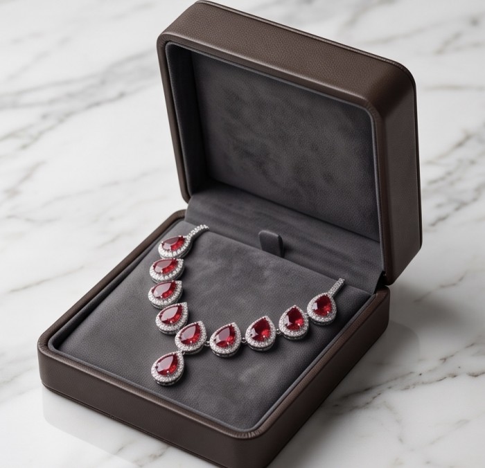 Giuseppina - Magnificent 22.7 carat authentic Ruby rhodium over .925 Sterling Silver handcrafted Statement necklace - Necklace with rubies in a display box, top view.