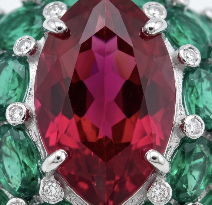 Giovanna 28.6 carat Ruby Emerald .925 Sterling Silver dipped rhodium handmade Huge Statement Ring size 7 - Close-up of Giovanna ruby and emerald sterling silver jewelry