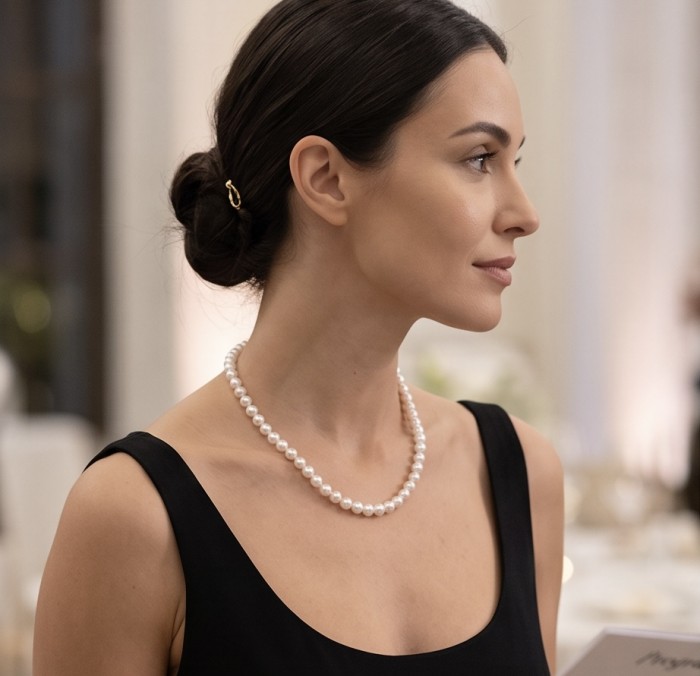 Top quality Natural fresh water pearl 10K Gold over .925 Sterling Silver handcrafted necklace - Side view of woman wearing pearl necklace with gold over .925 silver.