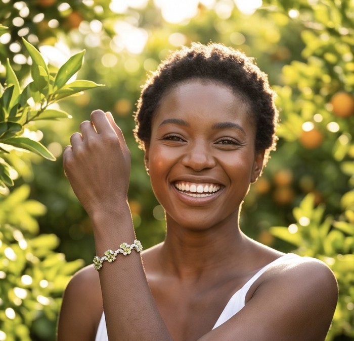 Vittoria Natural 29.8 carat Brazilian Peridot Rhodium over .925 Sterling Silver handmade Statement Bracelet - Smiling woman wearing the Vittoria bracelet outdoors.