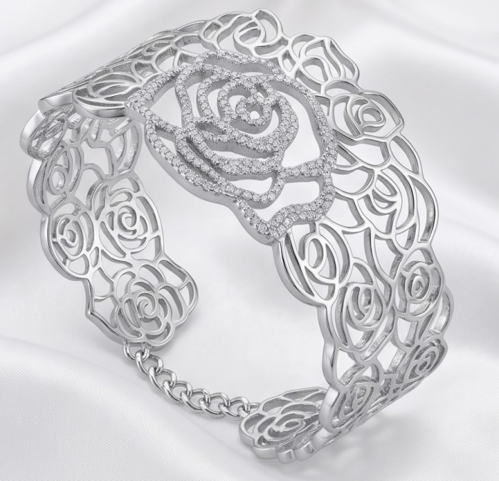 Dolce Vita - Precious Natural 12.5 carat pave White Topaz rhodium over .925 Sterling Silver handcrafted bracelet - Intricate white topaz bracelet with rose design, side angle.