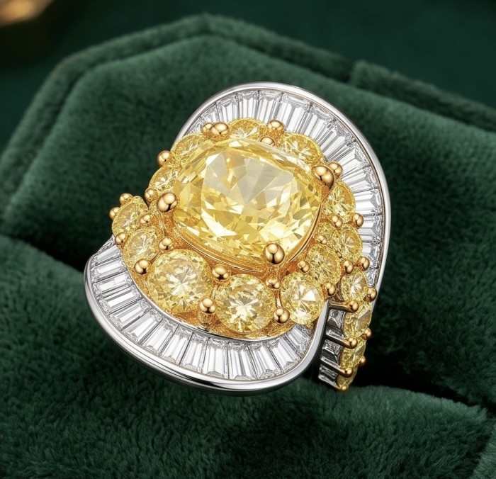 Wearable Art - Art Deco - Solid 25.8 carat Genuine Yellow Sapphire .925 Sterling Silver handcrafted ring size 7 1/4 - Close-up of Art Deco ring with yellow gemstones and diamond accents