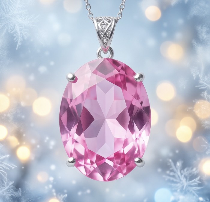 Incredible oval cut 26.8 carat Bubblegum Pink Sapphire .925 Sterling Silver handcrafted pendant - Close-up of oval cut 26.8 carat bubblegum pink sapphire pendant.