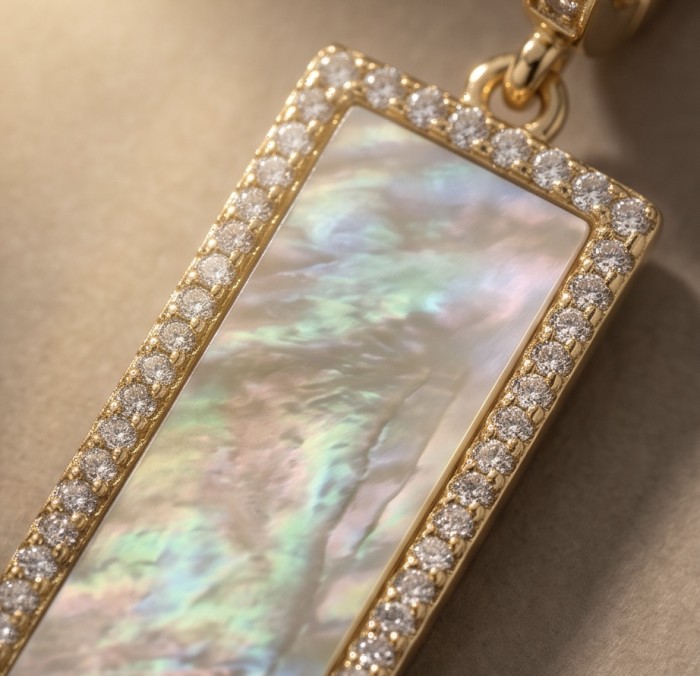 Luxurious Genuine Blister Pearl 0.4 CARAT lab grown Diamond 18K Gold over .925 Sterling Silver handcrafted Statement Earrings - Close-up of pearl pendant with gold and diamond border detailing.