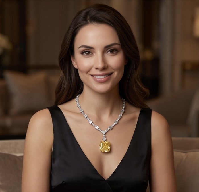 Iconic design - RARE BEAUTY - Valentina 108.2 carat asscher cut Yellow Sapphire .925 Sterling Silver dipped in rhodium Statement Necklace - Woman wearing "Rare Beauty" necklace with 108.2 carat yellow diamond