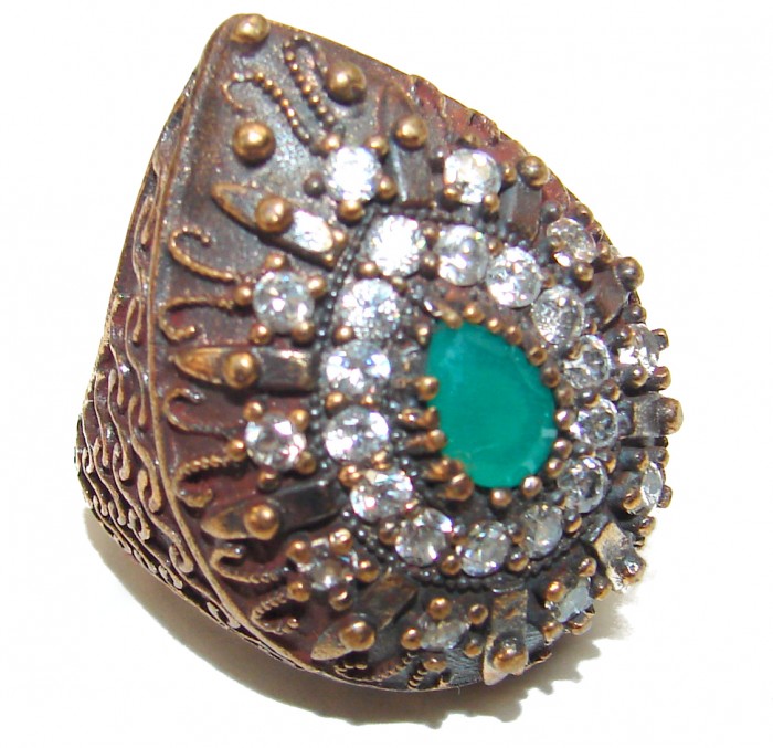 Victorian Style created Emerald & White Topaz Copper over Sterling Silver ring; s. 6 - photo 1