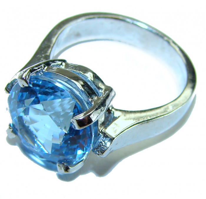 Blue Planet 8.5 carat Fancy round cut Swiss Blue Topaz .925 Sterling Silver handmade Ring size 6 - photo 1