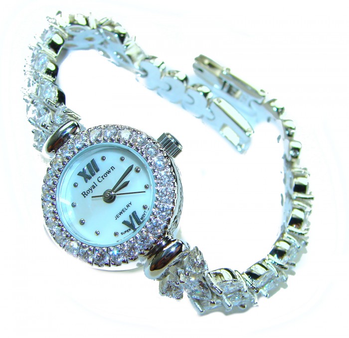 Precious 55.8 carat Authentic White Topaz .925 Sterling Silver handmade Bracelet - Watch - Elegant white topaz watch, angled view, highlighting stones and bracelet detailing.