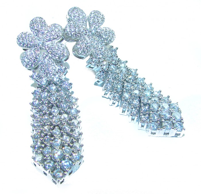 Dazzling Beauty - 22.5 carat White Topaz .925 Sterling Silver handcrafted earrings - Close-up of Dazzling Beauty earrings with white topaz flowers and drops