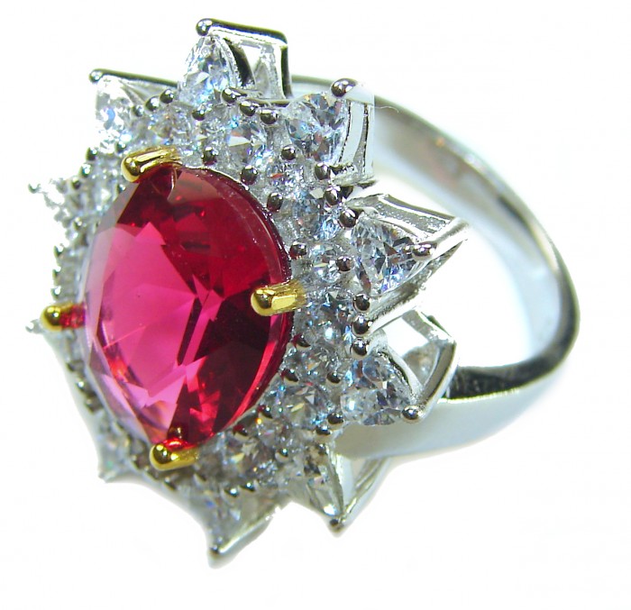 Spectacular Authentic 9.3 carat Ruby .925 Sterling Silver handmade Cocktail Ring s. 7 1/4 - Close-up of a ruby ring with diamond accents in sterling silver.