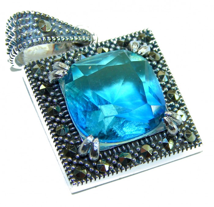 Divine Beauty 6.5 carat Aquamarine .925 Sterling Silver Handcrafted pendant - Aquamarine pendant close-up, square setting with marcasite details.